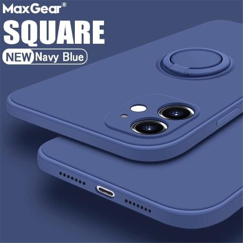 Luxury Silicone Case For iPhone 12 Ring Holder Cover For iPhone 11 Pro Xs MAX XR X 6 s 7 8 Plus SE Square Color Coque With Strap