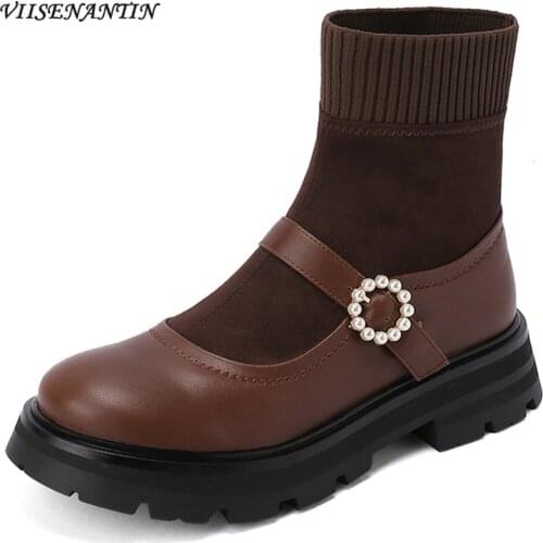 Round Toe Thick-soled Pearl Buckle Stretch Boots 2021 New College Style Thick Heel Mid-heel British Style Sock Boots