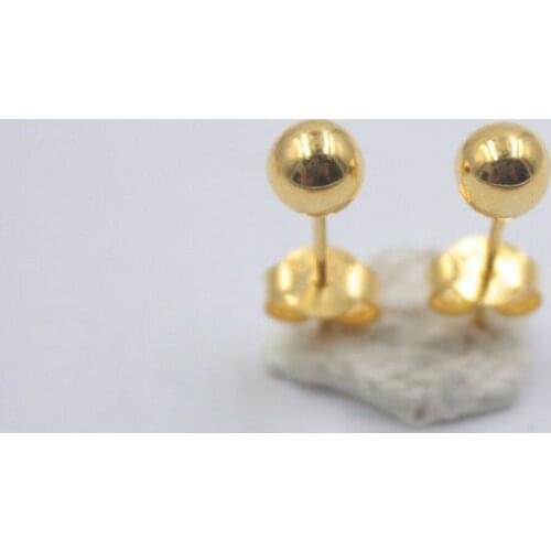 Real 18K Solid Yellow Gold Earrings Women Luck Smooth Ball Stud Earrings 1-1.5g 4mmW