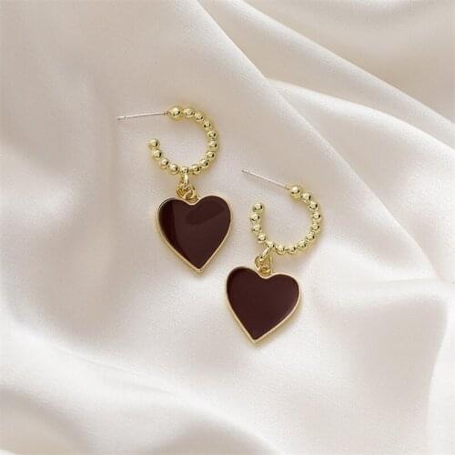 Korean Niche Design Wine Red Beaded Semicircle Peach Heart Love Earrings Girl Sweet Geometric Earrings Earrings Women