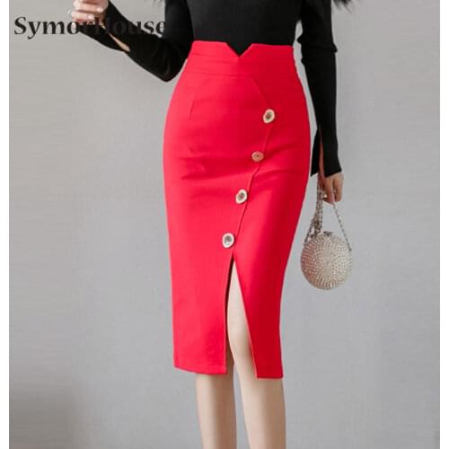 New Summer Women Knee-Length Skirts High Waist Work Wear OL Skirt With Buttons Elegant Ladies Stretch Slit Pencil Skirt Autumn
