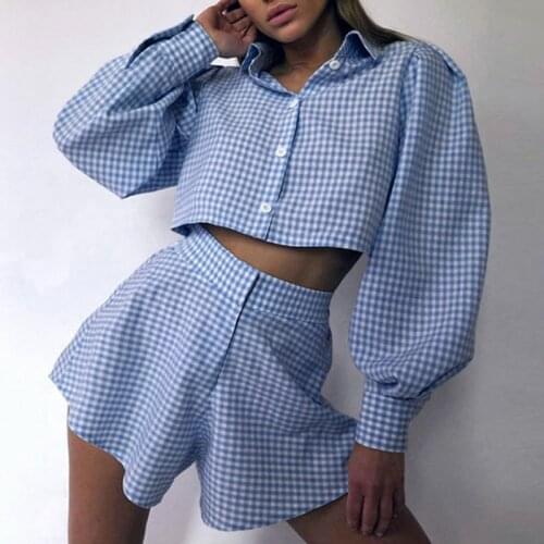 Plaid Y2K Women Shorts Set Puff Sleeve Crop Shirt and Wide Leg Shorts Two Pieces One Suit Summer Loungewear Short Kit