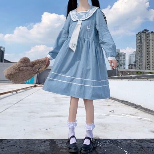 Preppy Style Sweet Womens Sky Blue Dress Loose Dress Sailor Collar One Piece Embroidery Trim Fall Lolita