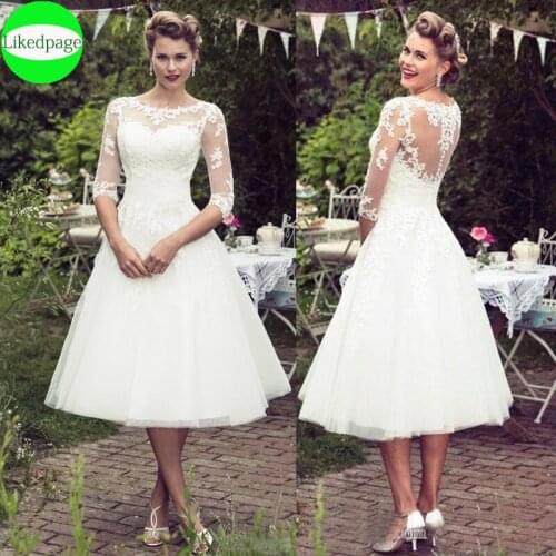 Short Wedding Dress 2021Vestidos De Novia 3/4 Sleeve Mid Calf Lace Appliques Robe Mariage Boda Bride Gown Trouwjurk Button Back