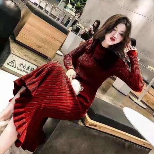 Korobov Autumn Winter New Knit Trumpet Dresses Korean O Neck Long Sleeve A-Line Vestidos Femme Vintage Slim Basics Dresses
