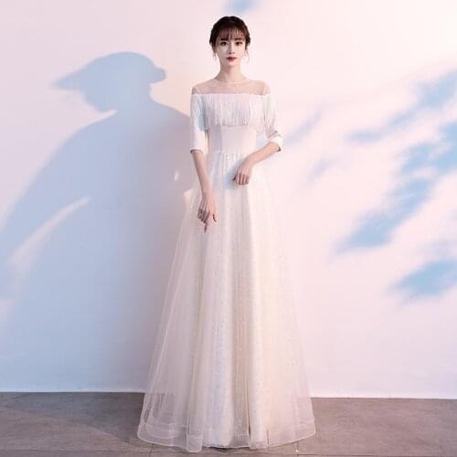 White Sequins Half Sleeves Evening Dress Boat Neck Empire A-Line Simple Fashion New Floor-Length Woman Formal Party Gowns A1401