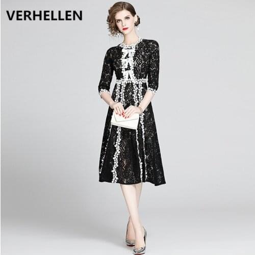 VERHELLEN High Quality 2020 Spring Runway Women 3/4 Sleeve White Black Color Block Lace Party Dresses Elegant Casual Robe Femme