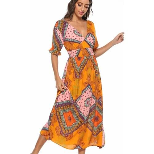 TEELYNN sexy deep v ncek backless maxi women dresses summer vintage orange floral print cotton boho dress beach vestidos 2020