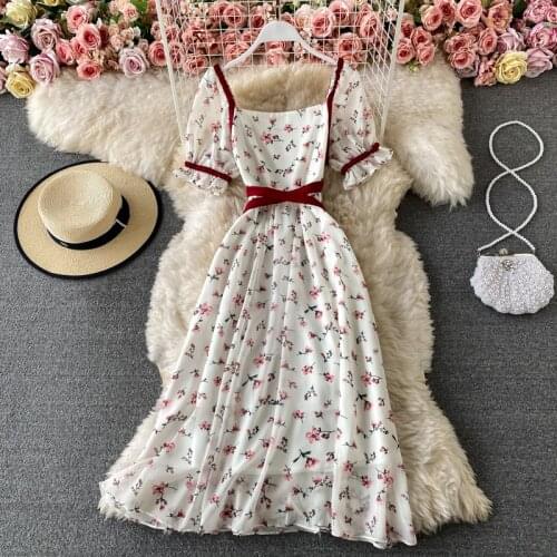 Summer Dress Women Square Collar Floral Print Long Dresses 2021 Girls Puff Sleeve French Vintage Chiffon Dress