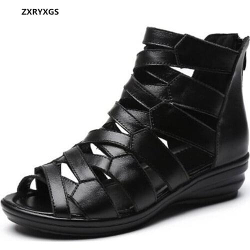 2021 New Summer Genuine Leather Roman Sandals Women Sandal Shoes Black Sandals High-top Cool Boots Flat Comfortable Plus Size