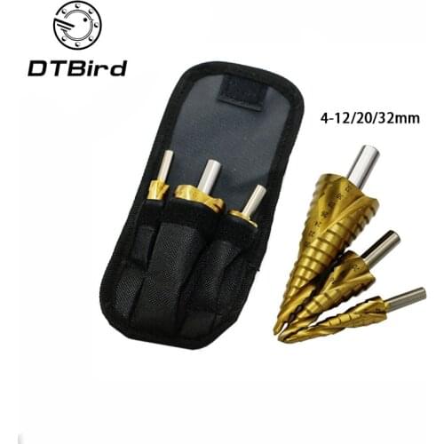 3Pcs Metric Spiral Flute The Pagoda Shape Hole Cutter 4-12/20/32mm HSS Steel Cone Drill Bit Set HSS Steel Step Sharpening + Bag