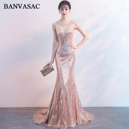 BANVASAC Luxury Crystal O Neck Sequined Mermaid Long Evening Dresses Party Illusion Backless Sweep Train Prom Gowns