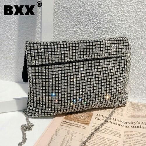 [BXX] Chain Design PU Leather Diamonds Crossbody Bags For Women 2021 Lux Handbags and Purses Branded Shoudler Hand Bag LM220