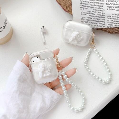 For AirPods Case Luxury with Keychain Pearl Case Angel Case AirPods PRO Transparent Silicone Earphones Cover for Air Pods 1/2/3