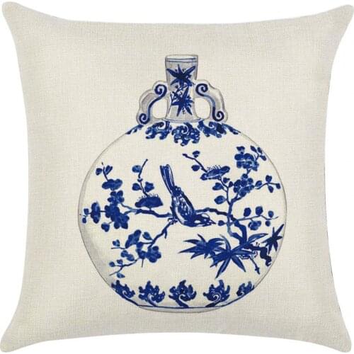 Pillow Case Breathable Porcelain Pattern Flax Square Throw Cushion Cover for Home