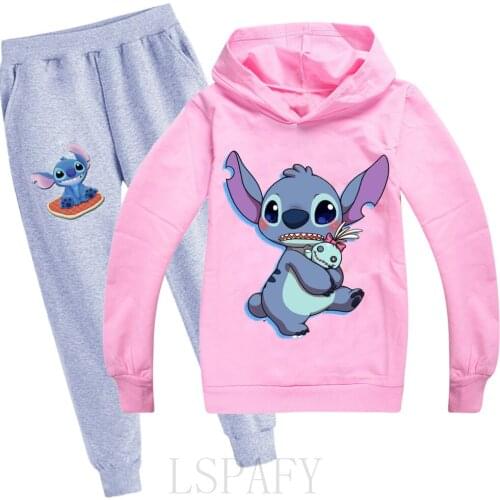 Disney Stitch Kids Sweatshirt 2Pcs Set Girls Tops Boys Christmas Cartoon Clothes Casual Children Sportswear Suit