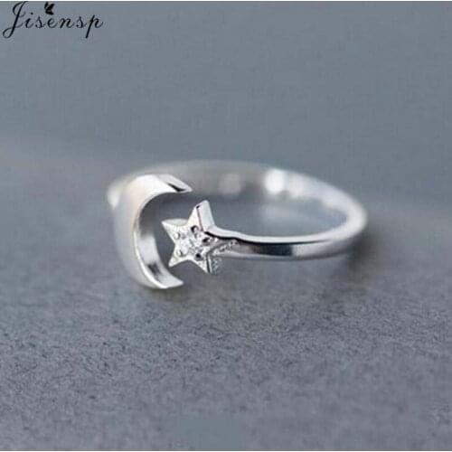 Jisensp Simple Creative Moon Star Finger Rings Korean Style Crystal Opening Ring Fashion Wedding Jewelry for Women Best Gift