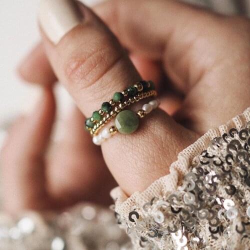 Green Zircon Natural Stone Rings Set for Women Stainless Steel Beads Jewelry Natural Freshwater Pearl Ring Elastic Adjustable