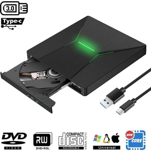 KuWfi Colorful Light DVD Burner USB3.0 Type C Portable High-Speed DVD+/RW Burner DVD Dirve Player For Macbook/Window OS Computer