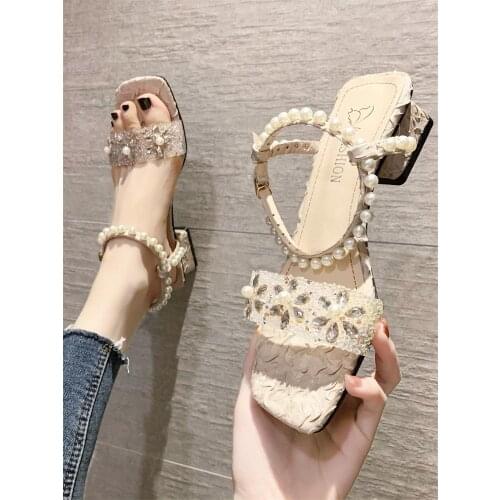 Summer new high heels hot sale gentle girl transparent rhinestone beaded square toe ladies casual sandals sweet