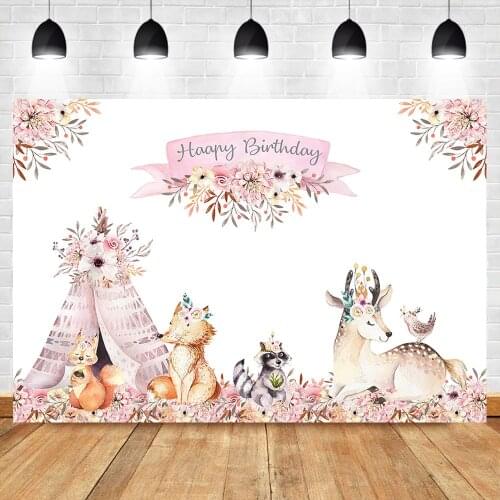 NeoBack Woodland Happy Birthday Backdrop Boho Teepee Tribal Pink Flowers Decorate Background Animal Party Backdrops Photography