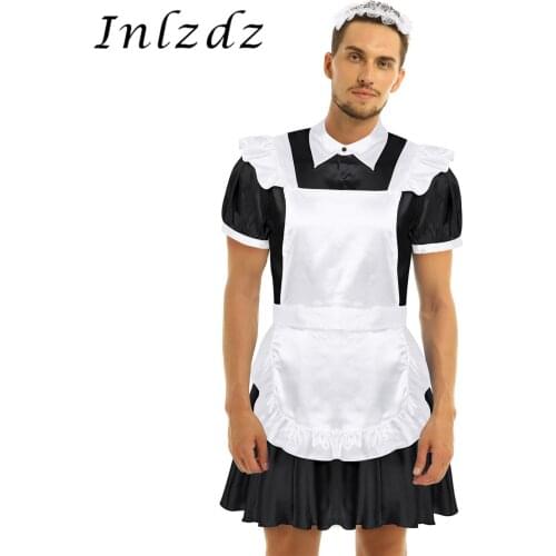 Mens Lingerie Hot Sexy Sissy Maid Fancy Cosplay Costume Outfit Turn-down Collar Front Button Down Dress with Apron and Headband
