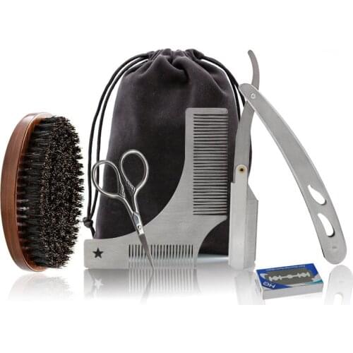Mens Beard Brush Set Beard Template Comb Trim Tool Styling Care Cleaning Stainless Steel Beard Comb