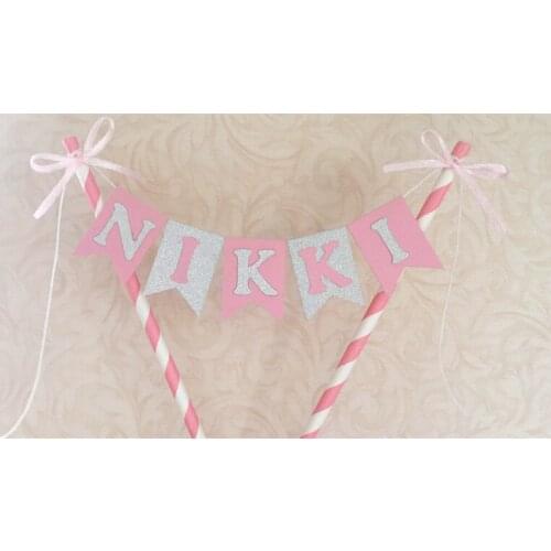 New Custom Name Pink Silver Name Cake Topper Bunting Girl Princess Baby shower Banner Smash Cake Flag Decor Photp props