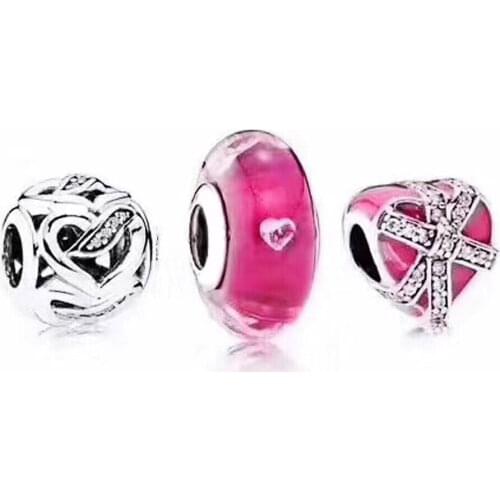 NEW 100% 925 Sterling Silver Love Heart-shaped Charm Through The Glass Beads Valentines Day Suit Elegant Exquisite Dazzling