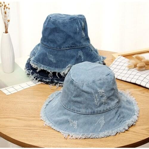 New Denim Raw Edge Women Man Bucket Hat with Holes Cowboy Unisex Autumn Winter Hat Women Sun Cap Fashion Sun Prevent Lady Hats
