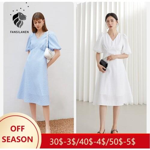 FANSILANEN Office Lady French V-neck Casual Dress Female Summer 2021 New First Love Dress Sweet Gentle Style Blue Yellow Dress