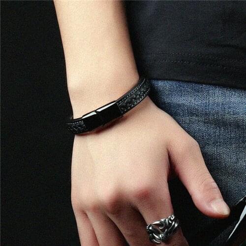 Simple Creative Gift Boyfriend Stainless Steel Black Retro Bracelet For Men DIY Weave PU Leather Bracelet Jewelry 2021 Trend