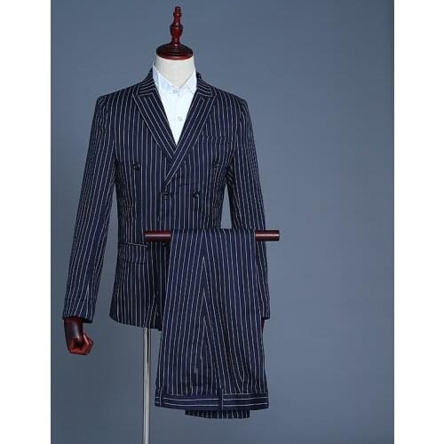 Simple Formal Suits Men 2019 Long Sleeve Dress Mens Casual Prom Blue Stripes Suit Slim Fit Clothing Three Piece Set Coat Pants