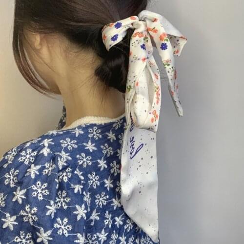 Fashion Printing Chiffon Check Grace Long Ribbon Bow Lady Headdress Scrunchie Ponytail Holder Tie Women Silk Scarves Hair Band