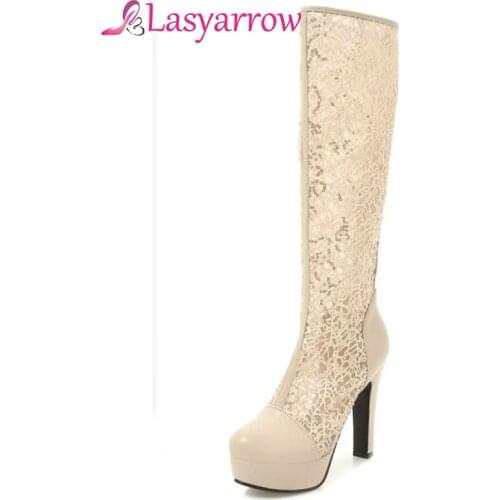 Lasyarrow Knee High Boots Thick High Heels Round Toe Platform Shoes Woman Back Zipper Pumps Glitter Lace Casual Shoe Woman RM575