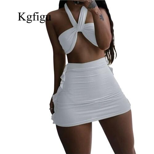 KGFIGU Knitting Cotton Ruffles Two Piece Sets For Women Summer Beach Holiday Tank Tops High Waist Mini Short Skirt Matching Suit