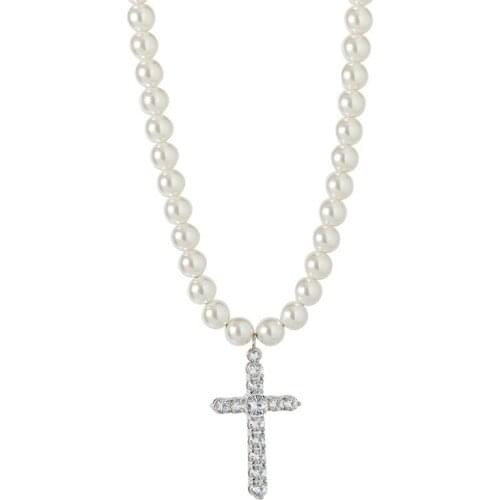 Pearl Necklace Cross Pendant With Big Rhinestone Hip Hop Hot Sale New Exaggeration 10 mm Fashion Ice Out Men And Women Jewelry