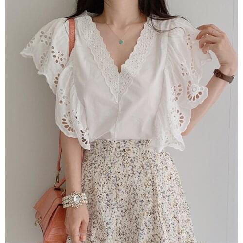Crochet Lace Hollow Shirt 2021 Summer Elegant Korean V Neck Women Tops New Embroidery Ruffled Short Sleeve Blouse Chic 13890