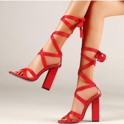 Womens Square Heels Shallow Ankle Strap Ladies Solid Lace Up High Heel Sandals Roman Style Sexy Pumps Party Shoes