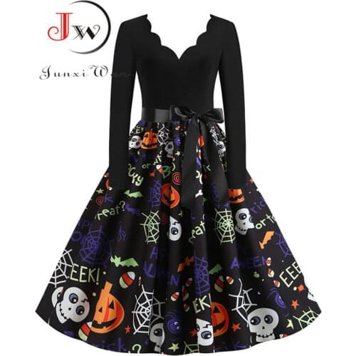 Women Halloween Party Dress Long Sleeve V Neck Pumpkin Print Vintage Casual A-line Plus Size Dresses Vestidos S-3XL