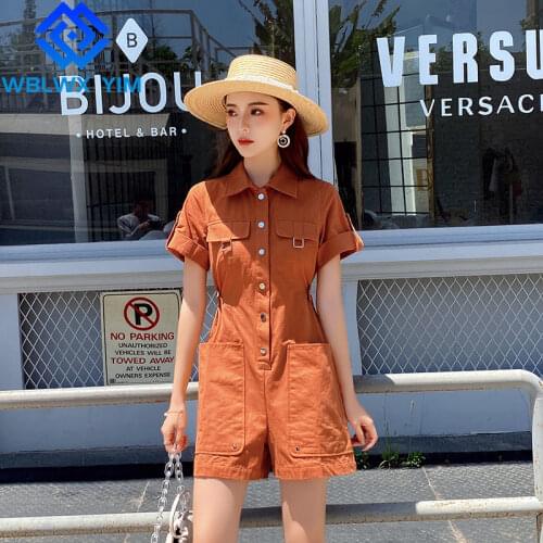 Summer Women Rompers Short Sleeve Playsuits Pocket Single Breasted Overalls Female Loose Plus Size Short Cargo Pants Jumpsuit