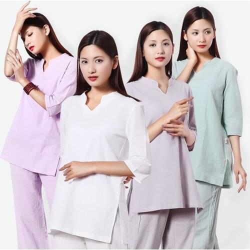 Meditation Cotton /Linen Womens Auit Traditional Chinese Costume Casual Female Solid Color Pullover Woman Yoga Clothes S-2XL