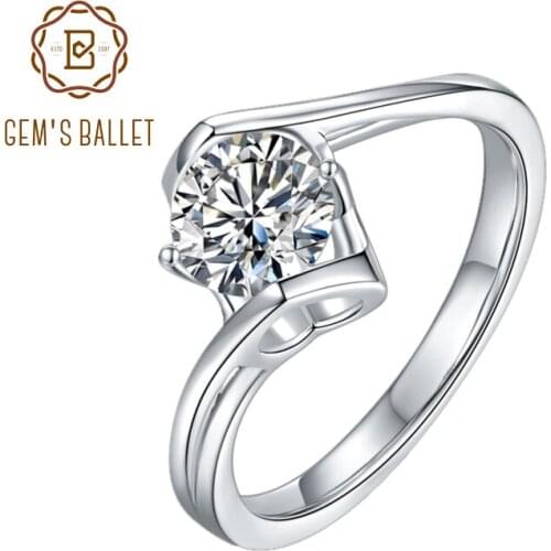 GEMS BALLET 1Ct Moissanite Bypass Band Ring 925 Sterling Silver White Gold Plated Engagement Diamond Wedding Ring For Women