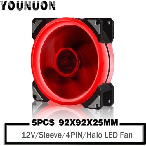5 Pieces DC 12V 92mm 92x92x25mm Red Led Fan 4PIN 9225 LED Fans for PC Laptop GPU Computer Case