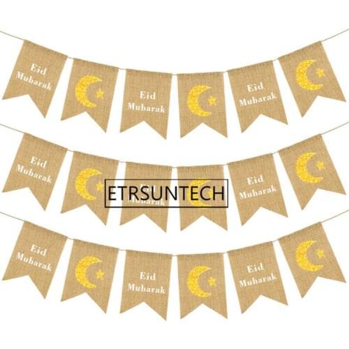 50pcs Eid Mubarak Banner Muslims Ramadan Kareem Decorations Linen Hanging Flag With Ropes Islam Home Decor Party Supplies
