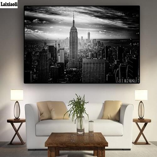 5D DIY diamond painting New York City Manhattan Black White Building Cross Stitch full square round mosaic Embroidery Rhinestone