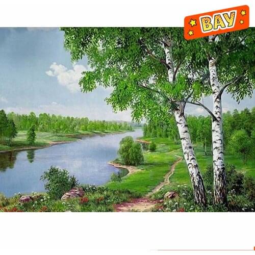 Diamond DIY Mosaic Landscape Diamond Painting Birch Tree Full Canvas Embroidery River Picture Wall Decoration