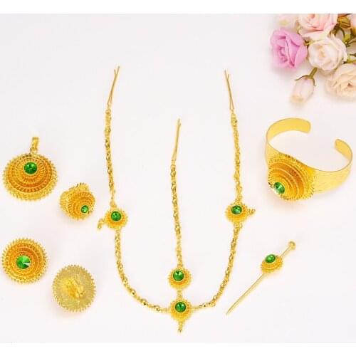 Bangrui Ethiopian Complete set Forehead Hair Piece/Hair Pin/Clips Earring Etc.Yellow Color Green Stone Jewelry Ethiopia Eritre