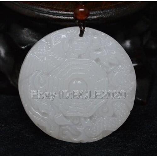 Free shipping Natural White Afghan stone Carved Dragon Phoenix BaGua Lucky Pendant + Necklace