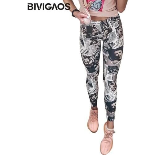 BIVIGAOS Fashion Newspaper Belle Black White Digital Printed Graffiti Flowers Leggings Pants Elastic Leggings Trousers Women